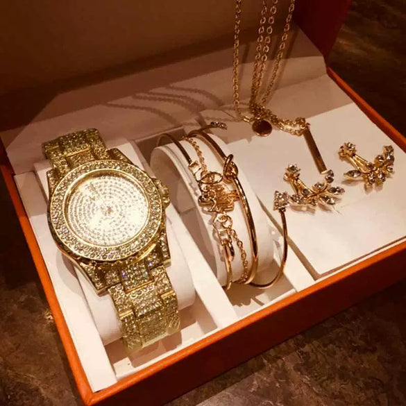 Fashion Creative Alloy Stainless Steel Round Watch And Bracelet Earrings Necklace Set For Female