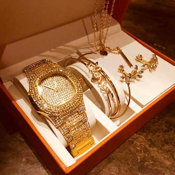 Fashion Creative Alloy Stainless Steel Round Watch And Bracelet Earrings Necklace Set For Female