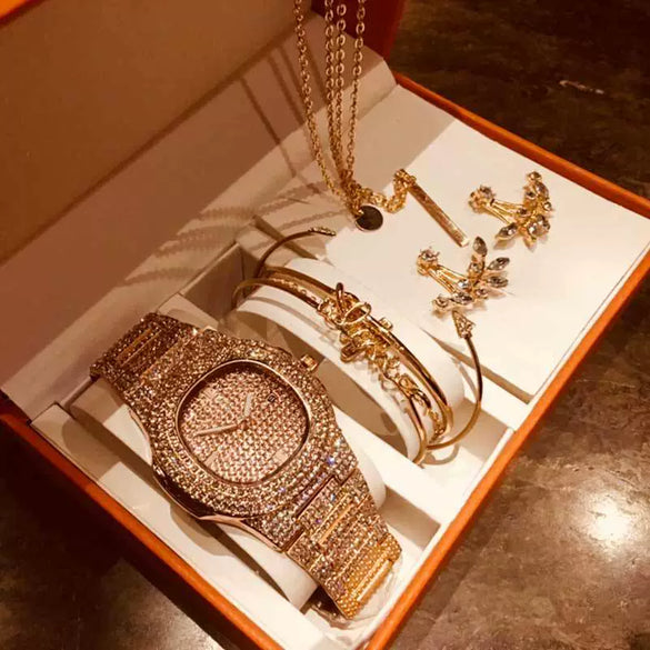 Fashion Creative Alloy Stainless Steel Round Watch And Bracelet Earrings Necklace Set For Female
