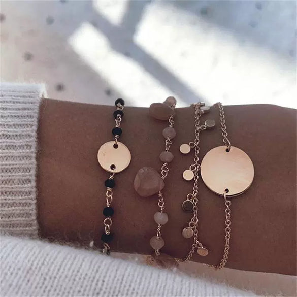 Fashion Creative Ball Bead Chain Combination Pink Acrylic Bracelet Set Geometric Alloy Electroplated For Women