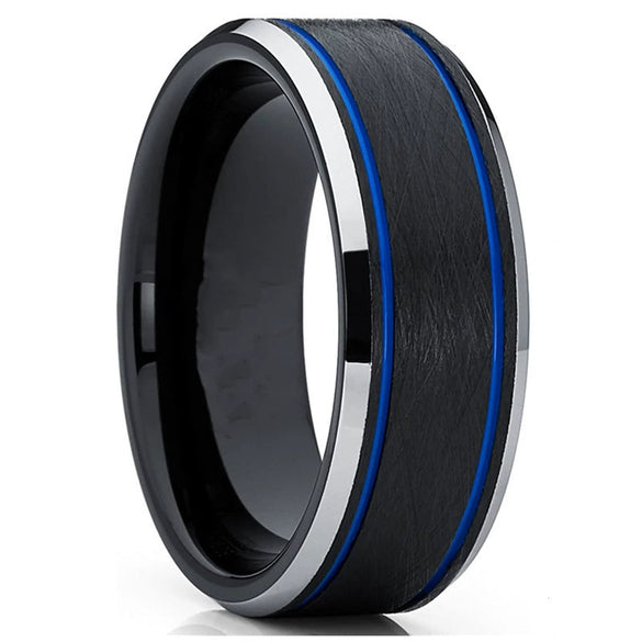 Fashion Creative Black Double Blue Stripe Stainless Steel Ring