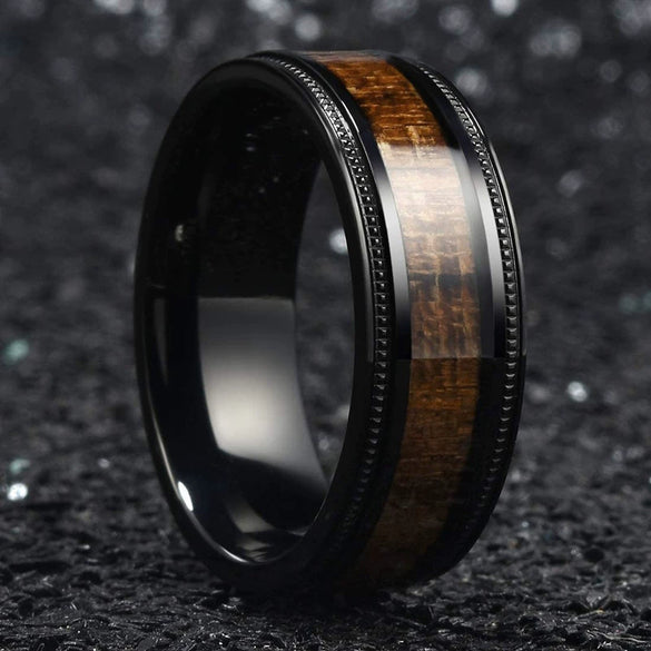 Fashion Creative Black Wood Grain Stainless Steel Ring Jewelry