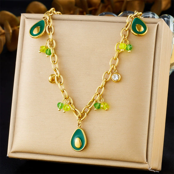 Fashion Creative Cartoon Fruit Avocado Pendant Stainless Steel Goldplated Necklace With O Word Chain