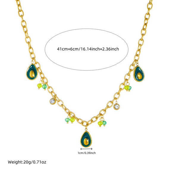 Fashion Creative Cartoon Fruit Avocado Pendant Stainless Steel Goldplated Necklace With O Word Chain