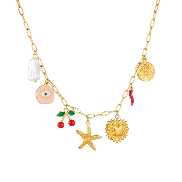 Fashion Creative Cartoon Fruit Cherry Pendant With Dripping Oil Love Eyes Starfish On Stainless Steel Box Chain Ladies Necklace Electroplated