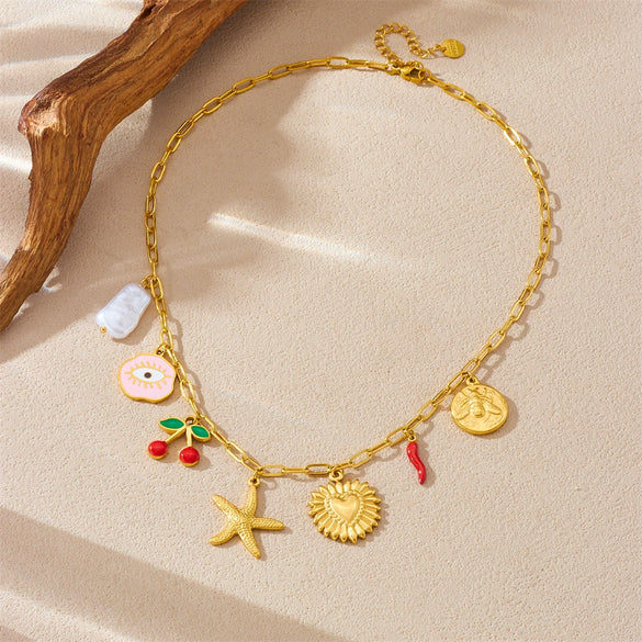 Fashion Creative Cartoon Fruit Cherry Pendant With Dripping Oil Love Eyes Starfish On Stainless Steel Box Chain Ladies Necklace Electroplated