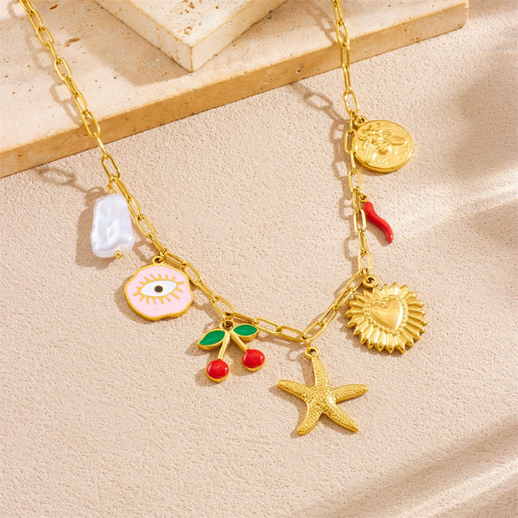 Fashion Creative Cartoon Fruit Cherry Pendant With Dripping Oil Love Eyes Starfish On Stainless Steel Box Chain Ladies Necklace Electroplated