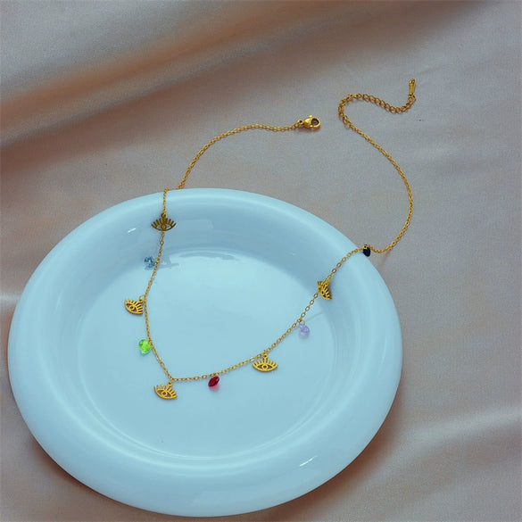 Fashion Creative Cut Color Beaded Oval Hollow Eye Titanium Steel Chain Necklace With Geometric Pattern And Electroplating Treatment