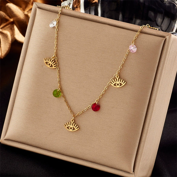 Fashion Creative Cut Color Beaded Oval Hollow Eye Titanium Steel Chain Necklace With Geometric Pattern And Electroplating Treatment