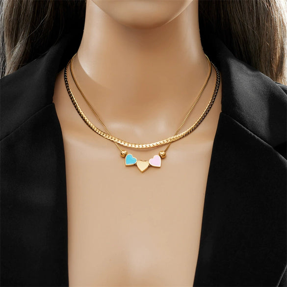 Fashion Creative Double Layer Stacked Color Love Titanium Steel Necklace With Geometric Pattern And Electroplating Treatment