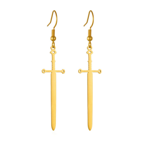 Fashion Creative Goldplated Stainless Steel Cross Sword Pendant Earrings
