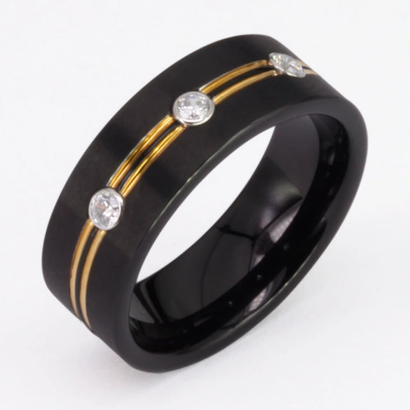 Fashion Creative Groove Diamond Stainless Steel Two Color Ring