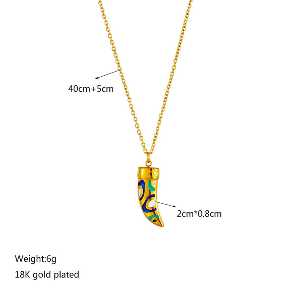Fashion Creative Horn Pendant Accessories Titanium Steel Chain Necklace And Earrings With Oil Printing And Electroplating