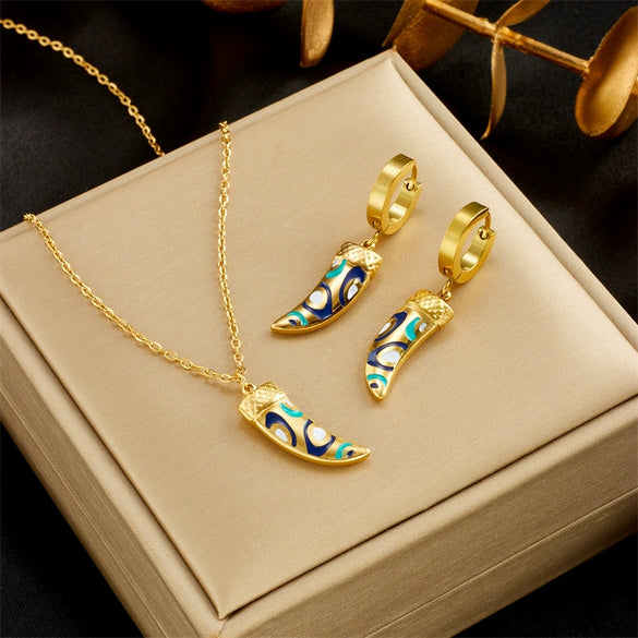 Fashion Creative Horn Pendant Accessories Titanium Steel Chain Necklace And Earrings With Oil Printing And Electroplating