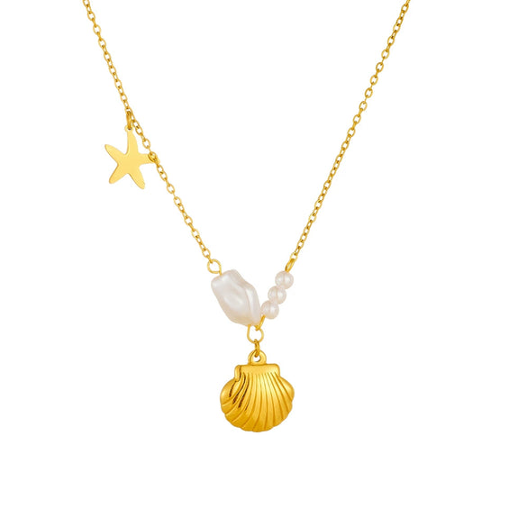 Fashion Creative Irregular Pearl Starfish Scallop Pendant Stainless Steel Gold Plated Necklace For Women With Star Pattern