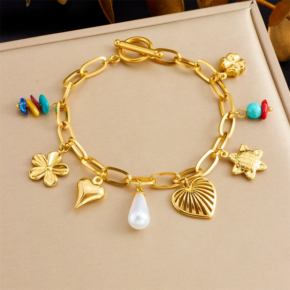 Fashion Creative Multi Element Pendant Chain Stainless Steel Bracelet With Flower Shape And Electroplating For Women