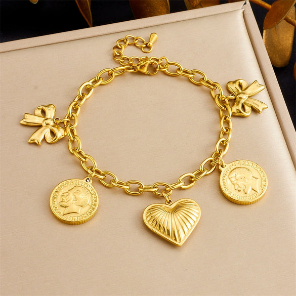 Fashion Creative Multi Element Pendant Chain Stainless Steel Bracelet With Flower Shape And Electroplating For Women