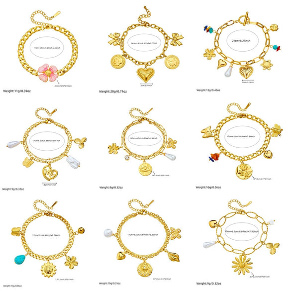 Fashion Creative Multi Element Pendant Chain Stainless Steel Bracelet With Flower Shape And Electroplating For Women