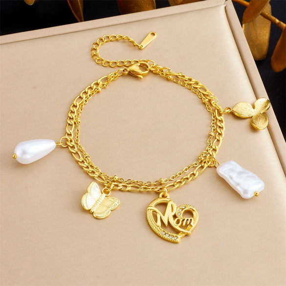 Fashion Creative Multi Element Pendant Chain Stainless Steel Bracelet With Flower Shape And Electroplating For Women