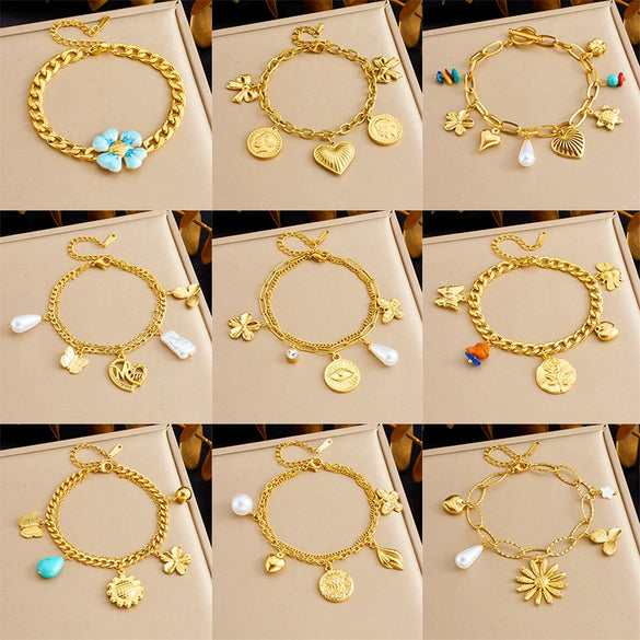 Fashion Creative Multi Element Pendant Chain Stainless Steel Bracelet With Flower Shape And Electroplating For Women