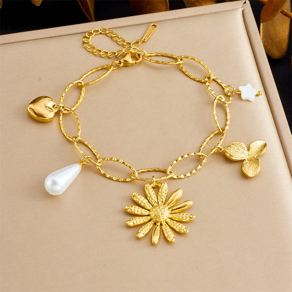 Fashion Creative Multi Element Pendant Chain Stainless Steel Bracelet With Flower Shape And Electroplating For Women