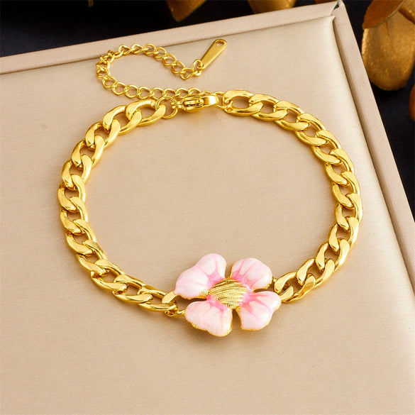 Fashion Creative Multi Element Pendant Chain Stainless Steel Bracelet With Flower Shape And Electroplating For Women