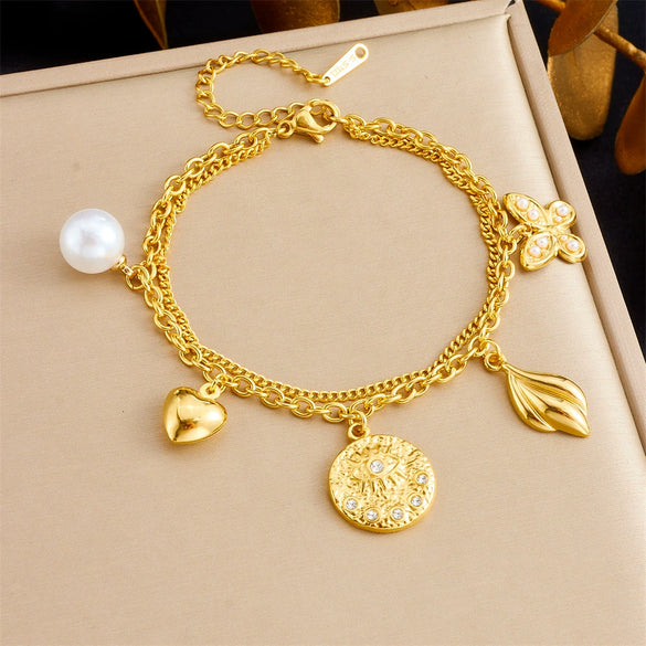 Fashion Creative Multi Element Pendant Chain Stainless Steel Bracelet With Flower Shape And Electroplating For Women