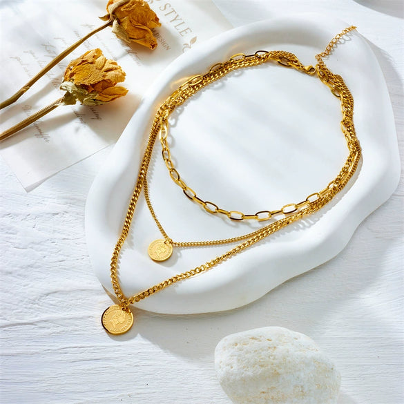 Fashion Creative Multi Layer Stacked Chain Metal Coin Round Titanium Steel Necklace With Electroplating For Women