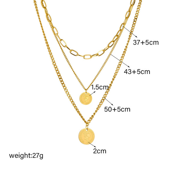 Fashion Creative Multi Layer Stacked Chain Metal Coin Round Titanium Steel Necklace With Electroplating For Women