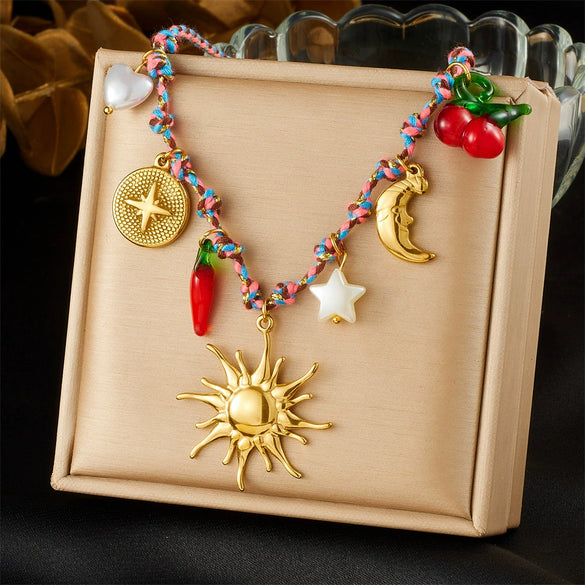 Fashion Creative Multielement Stainless Steel Goldplated Sun Moon Compass Star Chili Pendant Woven Necklace For Women