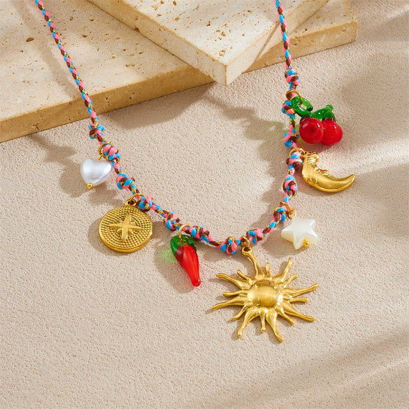 Fashion Creative Multielement Stainless Steel Goldplated Sun Moon Compass Star Chili Pendant Woven Necklace For Women