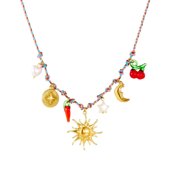 Fashion Creative Multielement Stainless Steel Goldplated Sun Moon Compass Star Chili Pendant Woven Necklace For Women