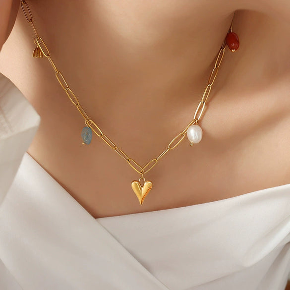 Fashion Creative Niche Personality All Match Necklace With Freshwater Pearl Gold Plated Peach Heart Mixed Gem Inlay And Titanium Steel