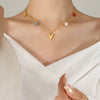 Fashion Creative Niche Personality All Match Necklace With Freshwater Pearl Gold Plated Peach Heart Mixed Gem Inlay And Titanium Steel