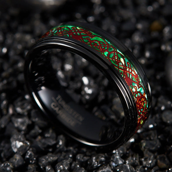 Fashion Creative Red And Green Carbon Fiber And Stainless Steel Dragon Ring With Geometric Style