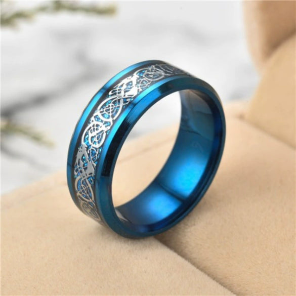 Fashion Creative Red And Green Carbon Fiber And Stainless Steel Dragon Ring With Geometric Style