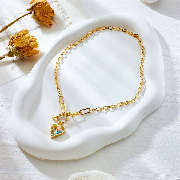 Fashion Creative Retro Faceted Colorful Crystal Heart Pendant Stainless Steel Chain Necklace With Mixed Gem Inlay And Electroplating