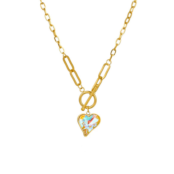 Fashion Creative Retro Faceted Colorful Crystal Heart Pendant Stainless Steel Chain Necklace With Mixed Gem Inlay And Electroplating