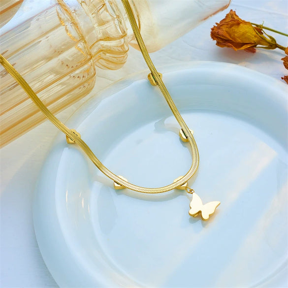 Fashion Creative Retro Frosted Threedimensional Butterfly Pendant Titanium Steel Necklace With Snake Bone Chain And Electroplating