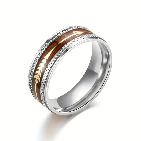 Fashion Creative Silver Wood Grain Arrow Geometric Stainless Steel Ring With Electroplating