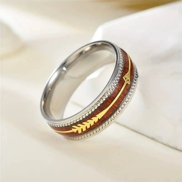 Fashion Creative Silver Wood Grain Arrow Geometric Stainless Steel Ring With Electroplating