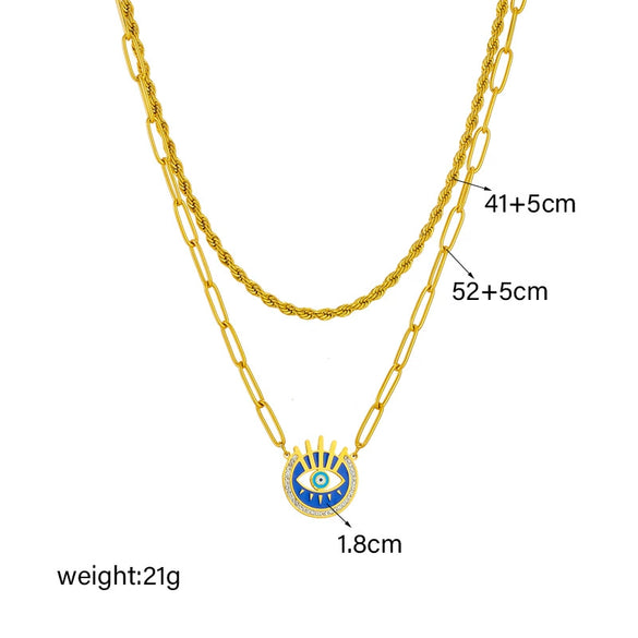 Fashion Creative Simple Titanium Steel Box Chain Double Layer Stacked Geometric Blue Eye Pendant Necklace With Electroplating