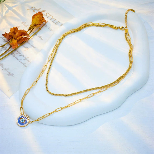 Fashion Creative Simple Titanium Steel Box Chain Double Layer Stacked Geometric Blue Eye Pendant Necklace With Electroplating