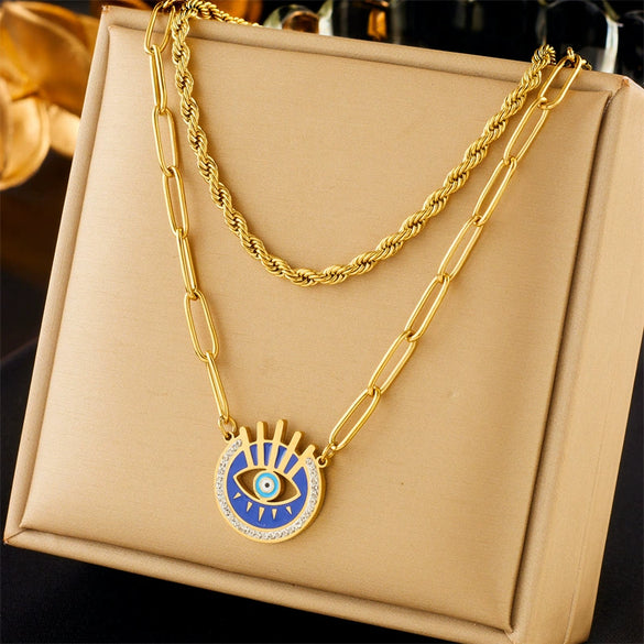 Fashion Creative Simple Titanium Steel Box Chain Double Layer Stacked Geometric Blue Eye Pendant Necklace With Electroplating