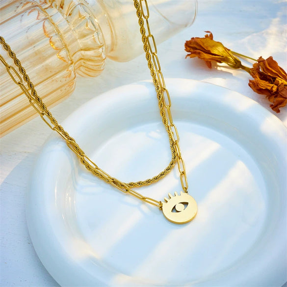 Fashion Creative Simple Titanium Steel Box Chain Double Layer Stacked Geometric Blue Eye Pendant Necklace With Electroplating