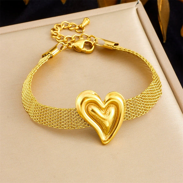 Fashion Creative Simple Wide Mesh Chain Jewelry Stainless Steel Gold Plated Love Star Irregular Necklace With Heart Water Drop Bell Pattern For Women