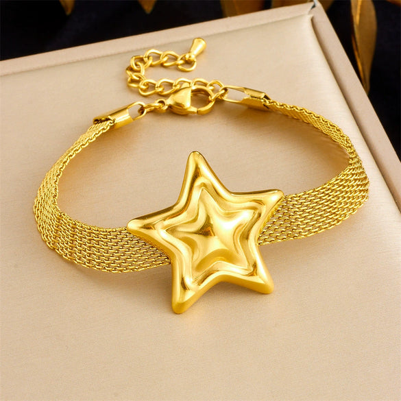 Fashion Creative Simple Wide Mesh Chain Jewelry Stainless Steel Gold Plated Love Star Irregular Necklace With Heart Water Drop Bell Pattern For Women