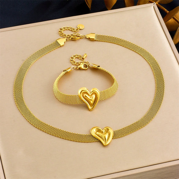 Fashion Creative Simple Wide Mesh Chain Jewelry Stainless Steel Gold Plated Love Star Irregular Necklace With Heart Water Drop Bell Pattern For Women