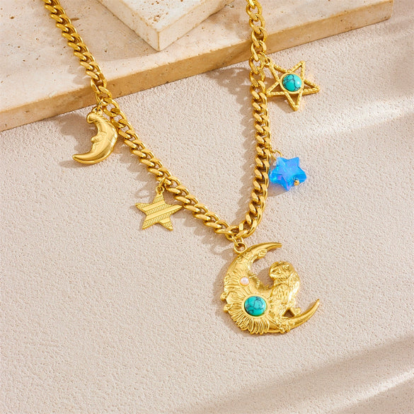 Fashion Creative Stainless Steel Gold Plated Moon Owl Star Pendant O Word Chain Collarbone Necklace