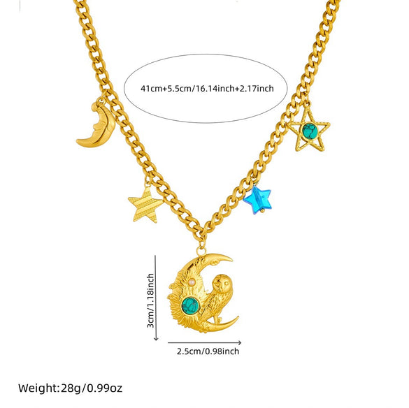 Fashion Creative Stainless Steel Gold Plated Moon Owl Star Pendant O Word Chain Collarbone Necklace